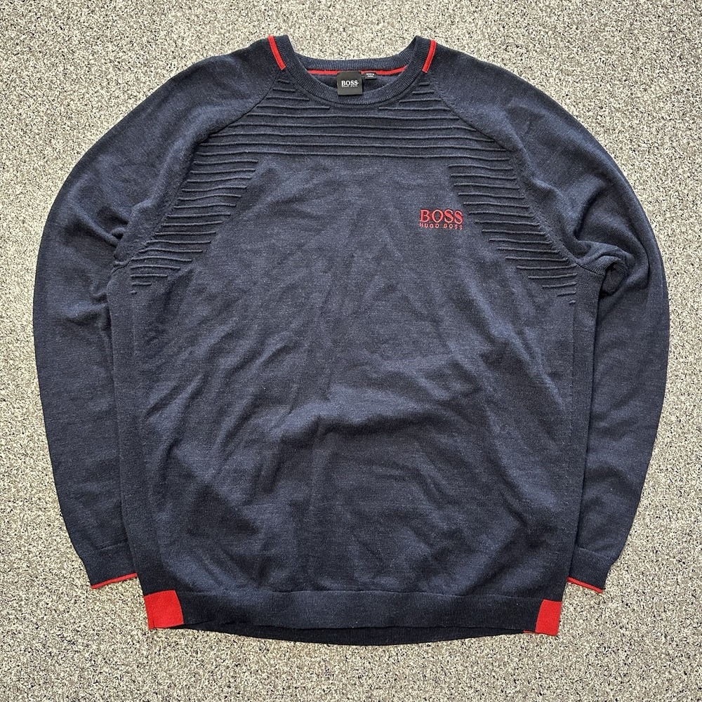 Hugo Boss Crew Neck Knit Sweater Mens XXL Navy Blue Red Striped Panel